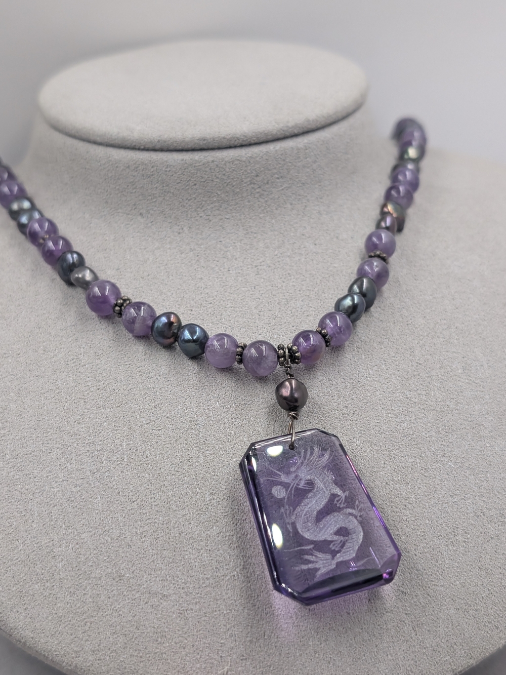 Purple Dragon Pendant Necklace Lavender Beads Peacock Style | 1013